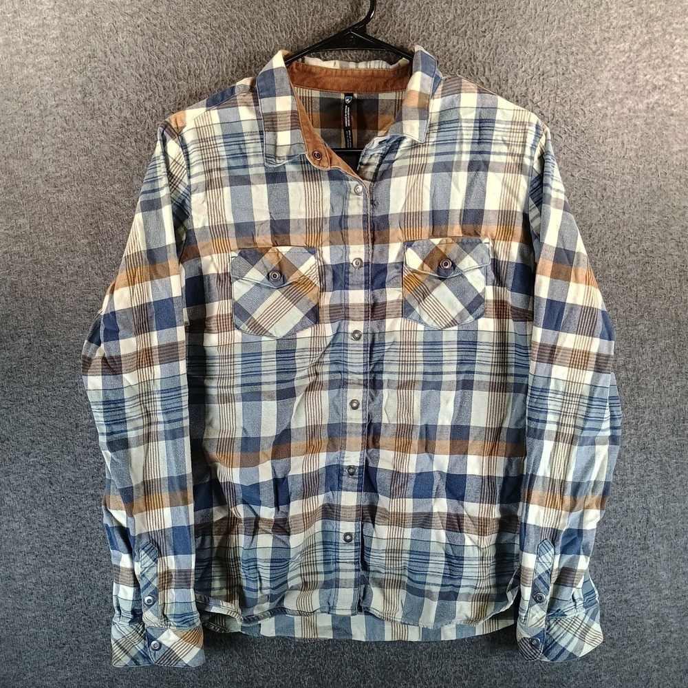 Kuhl Tess Flannel Shirt Women L Plaid‎ Pockets Outdoors Snap Button Logo